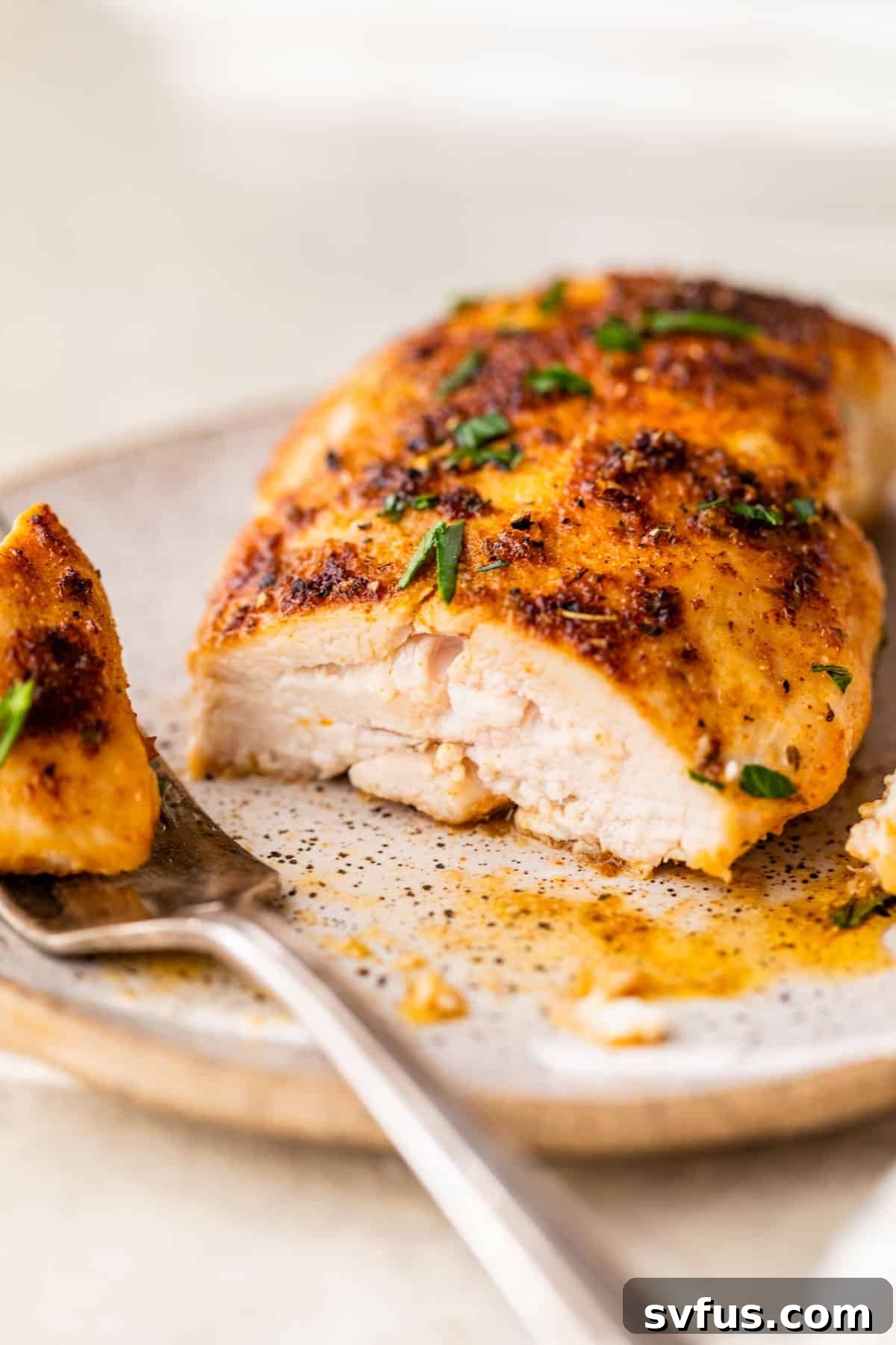 Cooked and perfectly sliced pan-seared chicken breast presented beautifully on a plate.