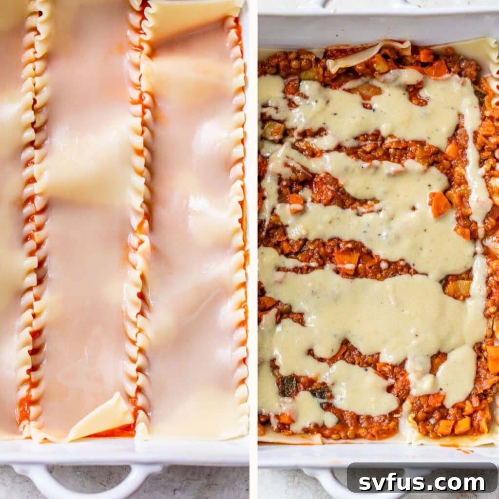Hands carefully layering lasagna noodles, lentil filling, and vegan cheese sauce in a rectangular baking dish during the assembly process of vegan lentil lasagna.