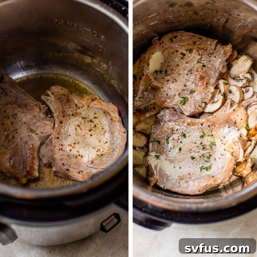 Seared pork chops and mushrooms ready for pressure cooking in the Instant Pot.