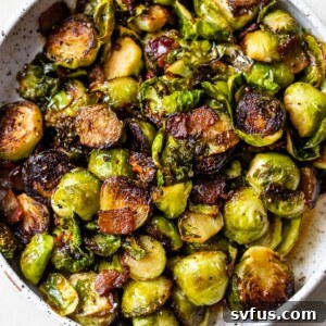 Roasted Brussels sprouts in a bowl with crispy bacon