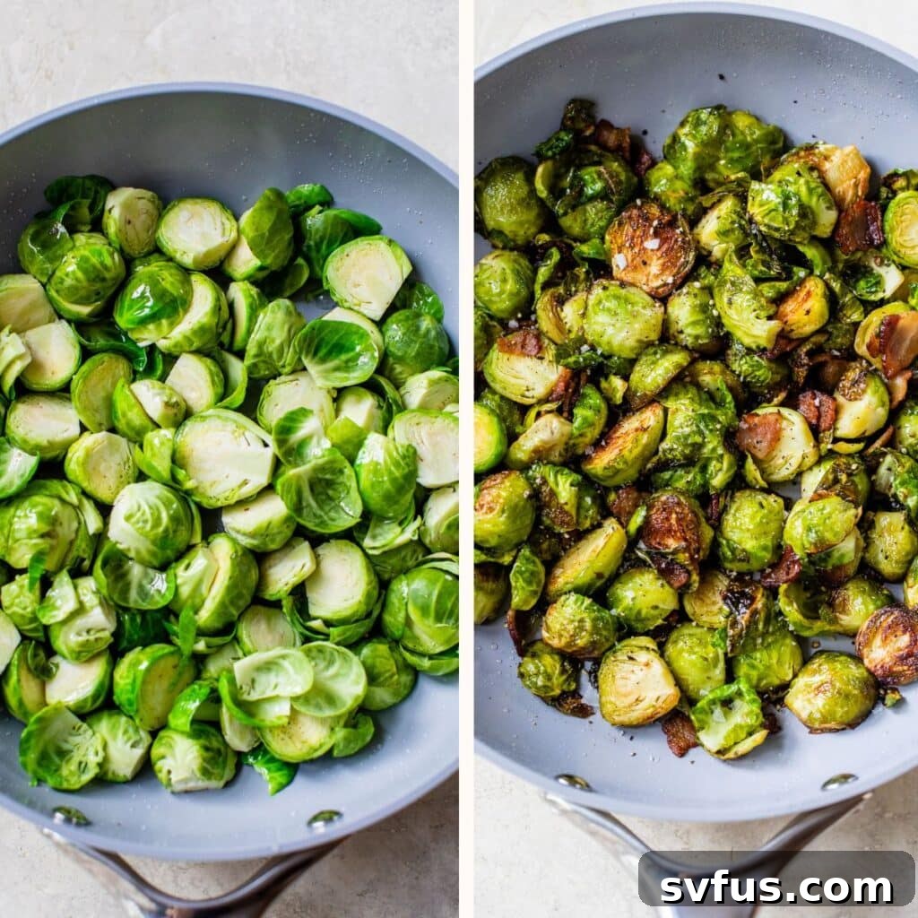 Raw and cooked Brussels sprouts in a skillet, demonstrating the browning process