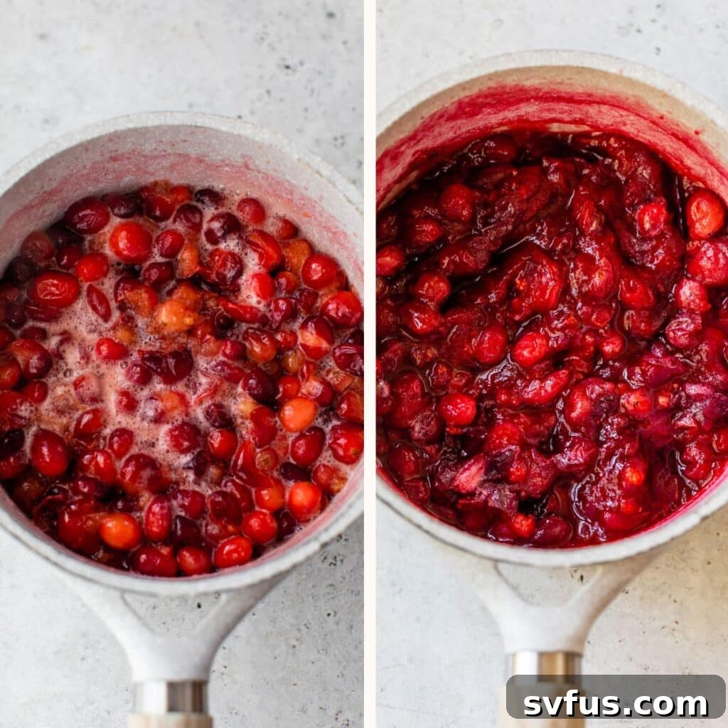 cooked cranberries in a saucepan