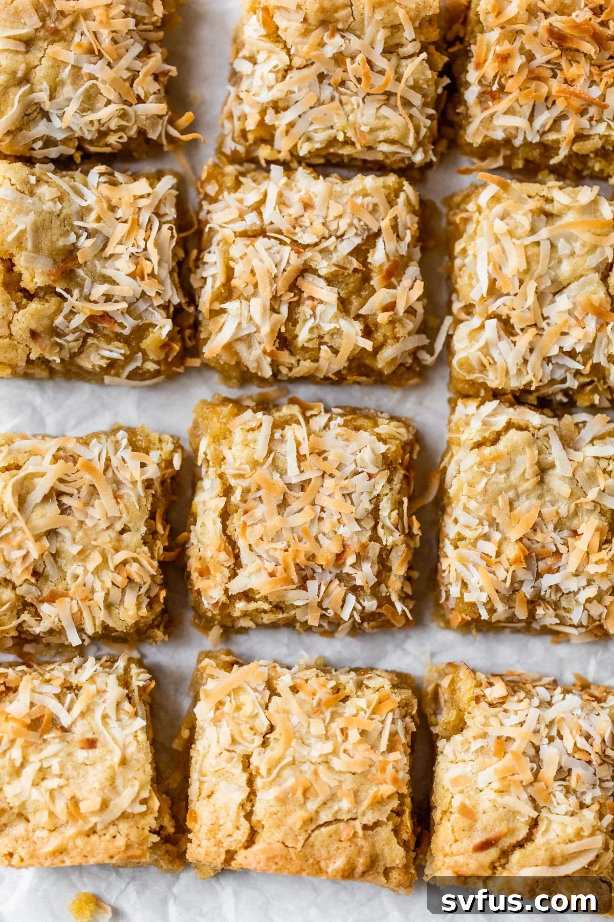 Overhead view of freshly baked coconut bars on a sheet of parchment paper