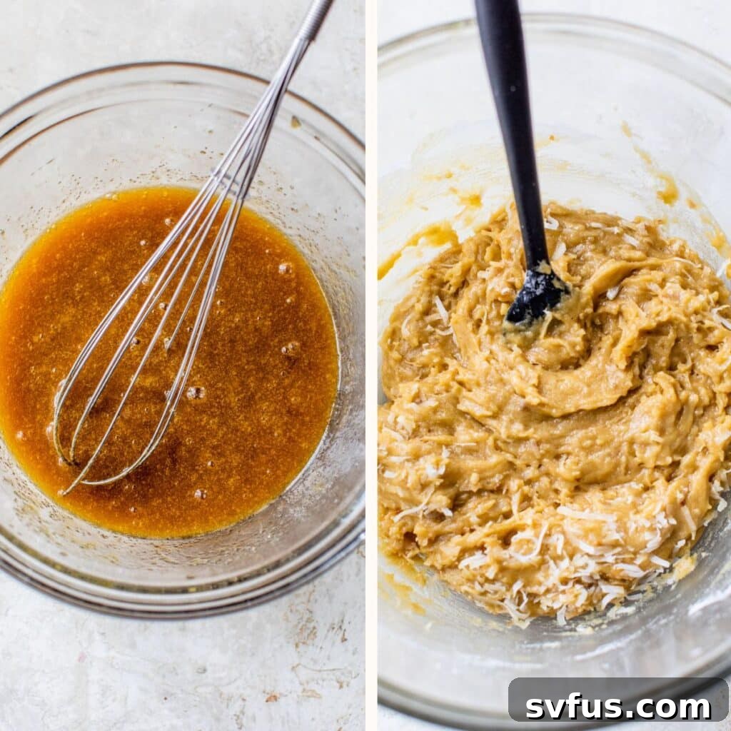 Two bowls: one with whisked butter, sugar, eggs, and vanilla, and the other with mixed cookie batter
