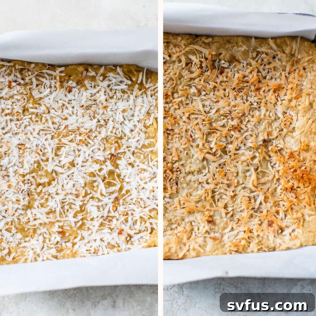 Coconut bar batter in a square baking dish, topped with additional shredded coconut
