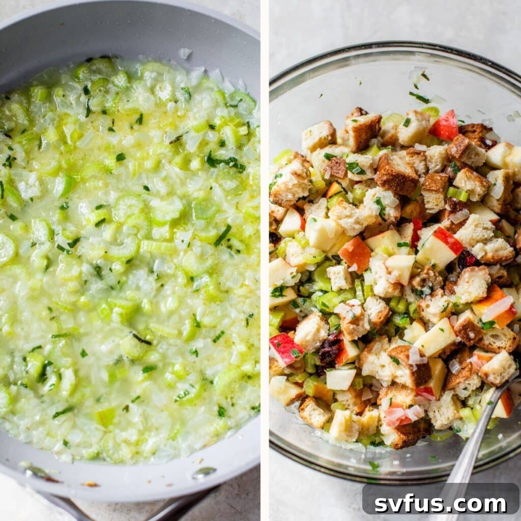 cooked celery, onion, and herbs in a skillet on the left, and in a bowl with bread cubes and apples on the right