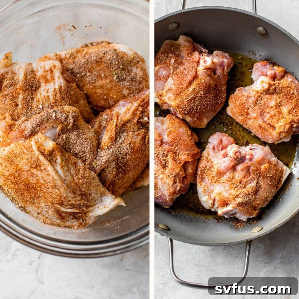 raw chicken in a glass bowl with dry rub on the left and chicken pan-seared in oil on the right