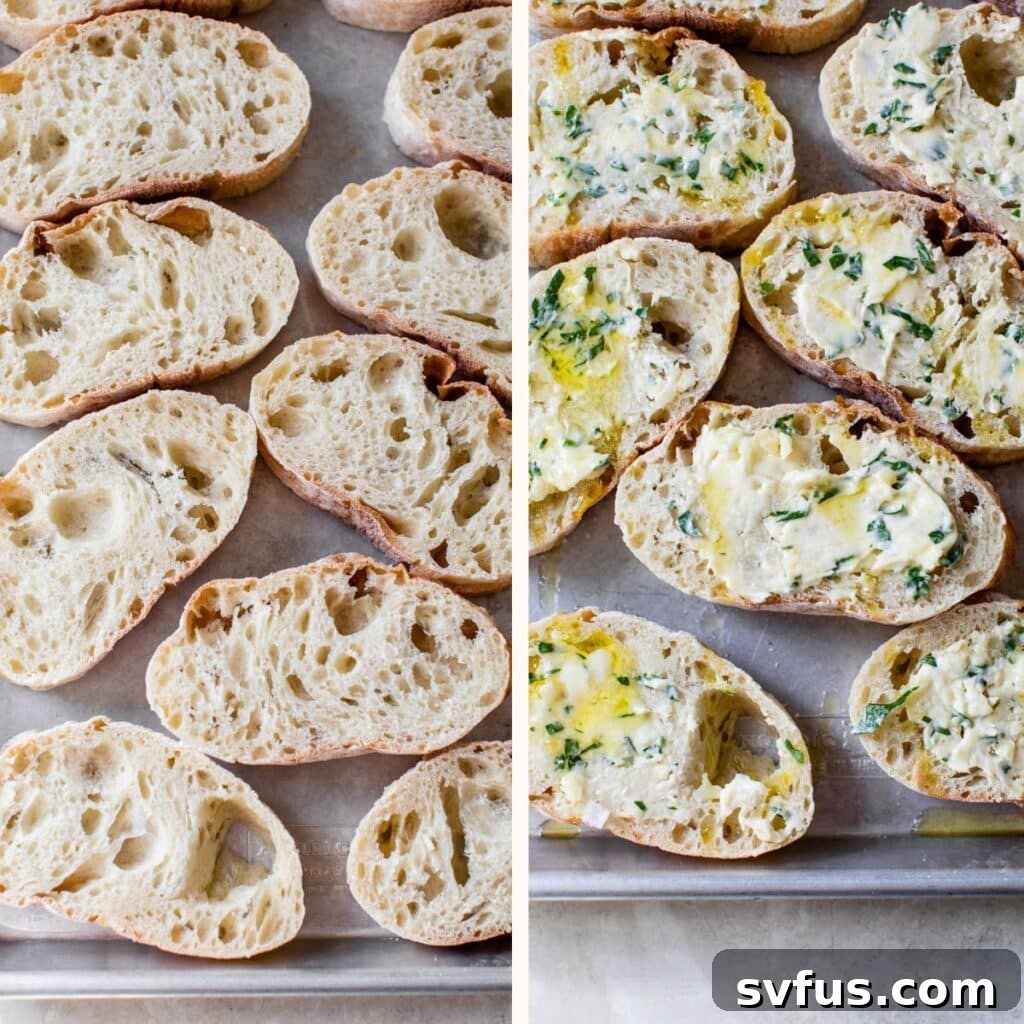 bread slices on a baking sheet on the left and smeared with garlic butter on the right