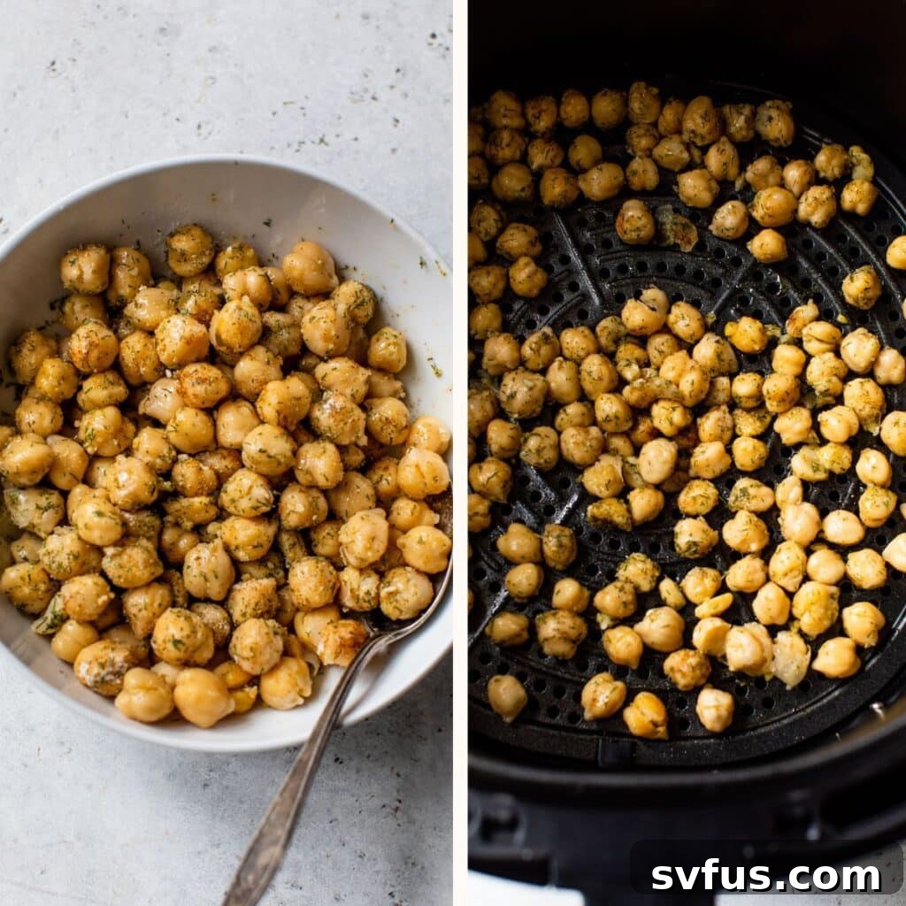 Two images side by side: one showing chickpeas in a bowl with seasoning, and the other showing seasoned chickpeas being placed into an air fryer basket.