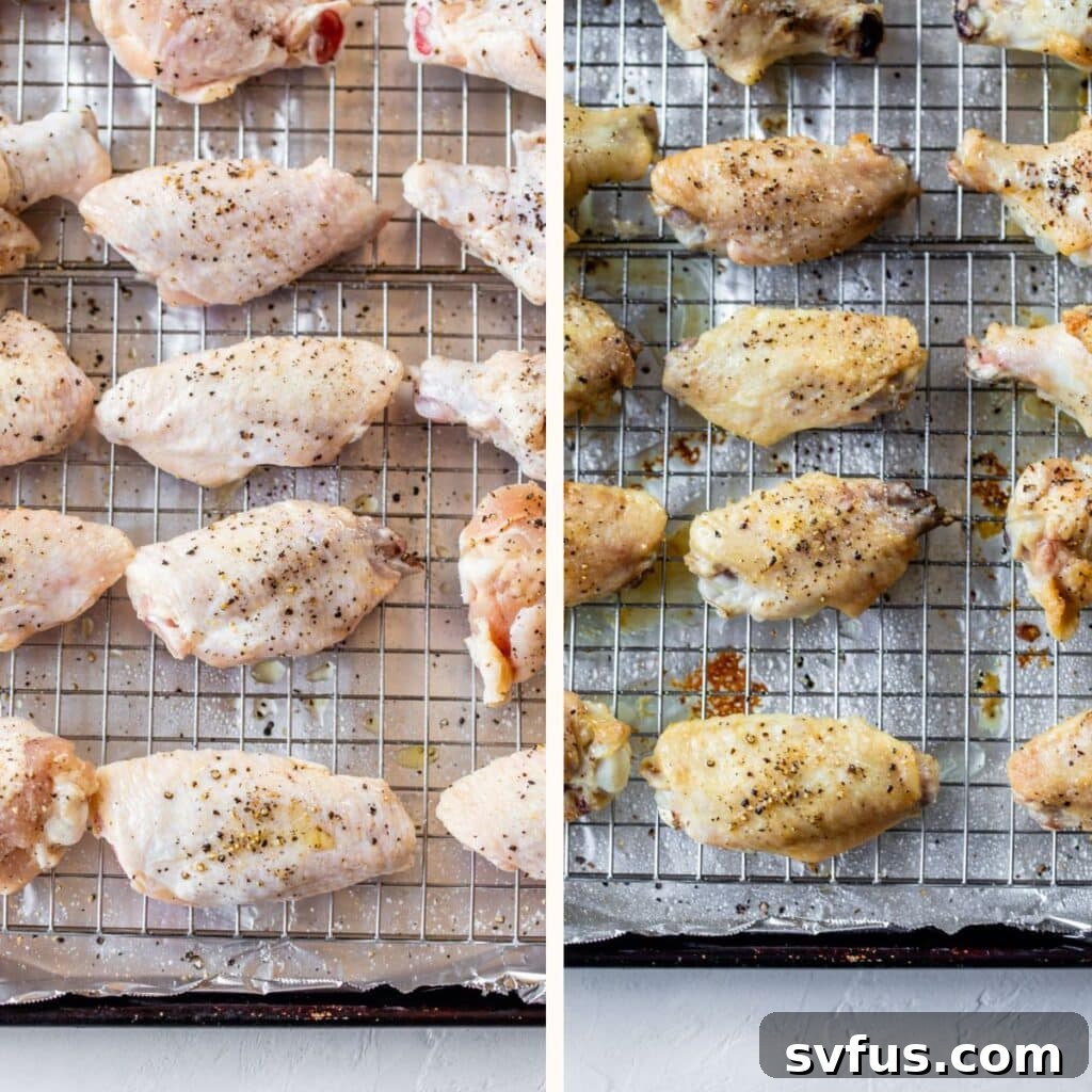 Two images side by side: on the left, raw chicken wings arranged on a baking sheet; on the right, the same wings after baking, golden brown and crispy.