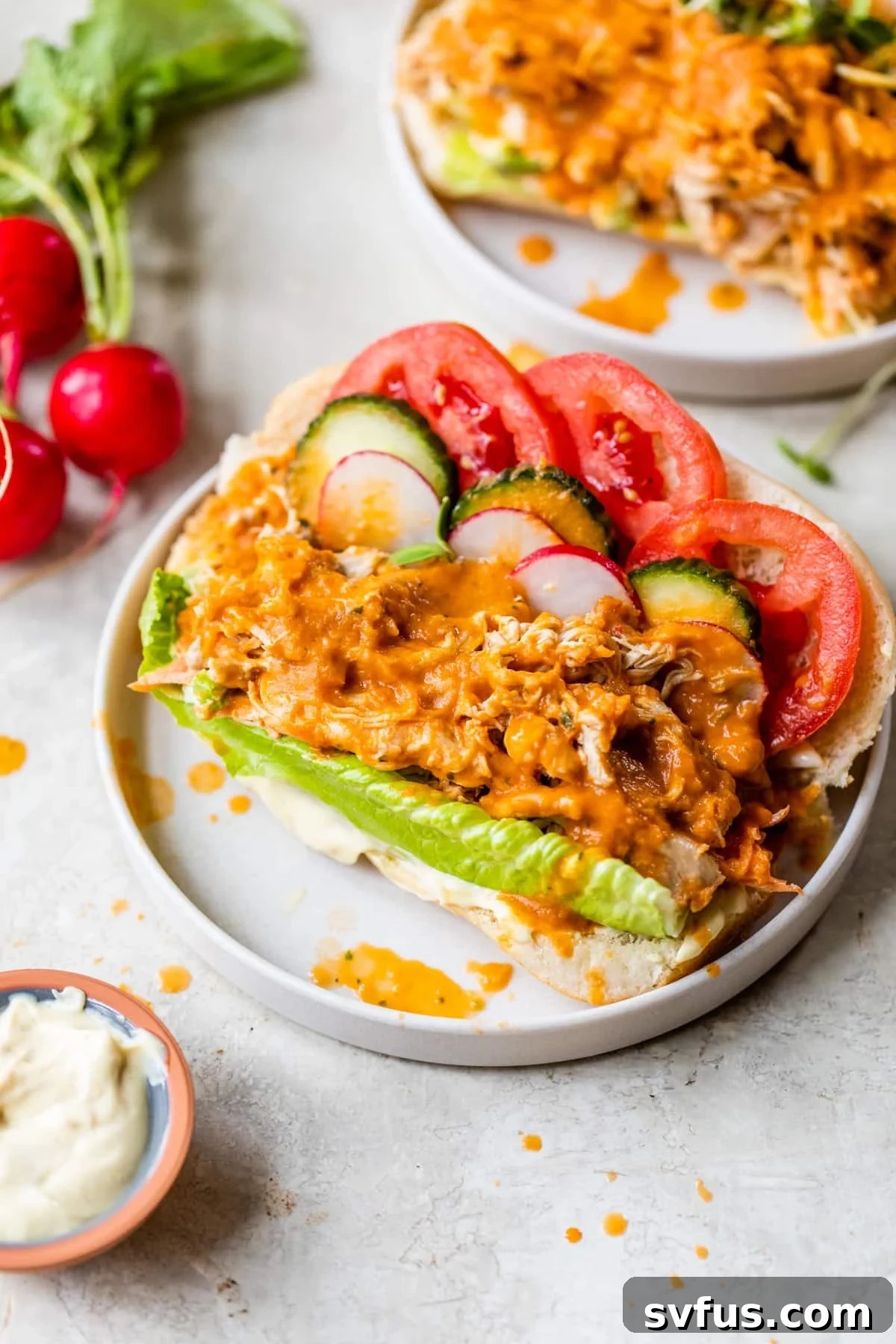 A beautifully assembled Salvadoran Panes con Pollo sandwich, featuring pulled chicken, fresh vegetables like cucumbers, tomatoes, and radishes, generously topped with a rich, orange-hued tomato sauce on a soft hoagie roll.