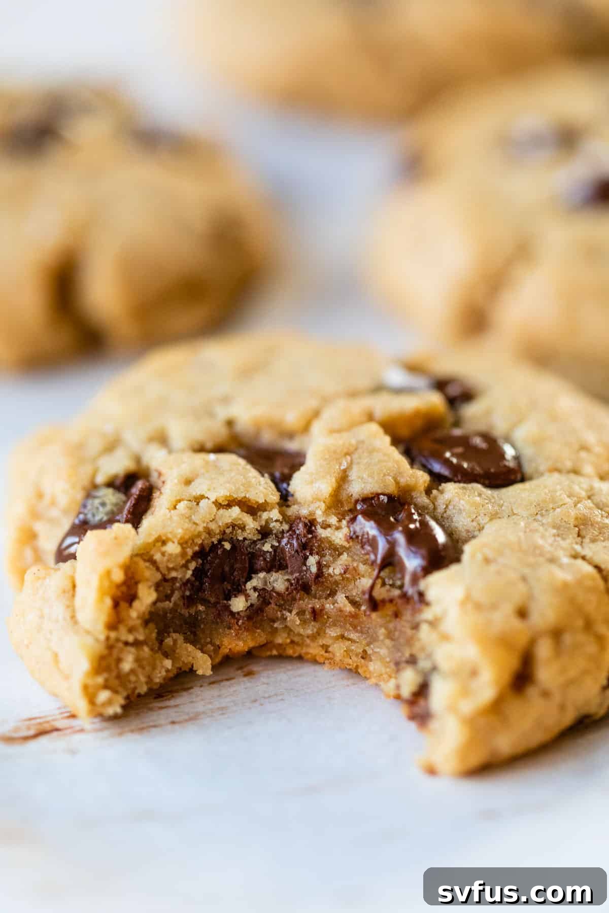Another close-up of a vegan peanut butter chocolate chip cookie with a bite taken out, highlighting its soft texture and rich chocolate.