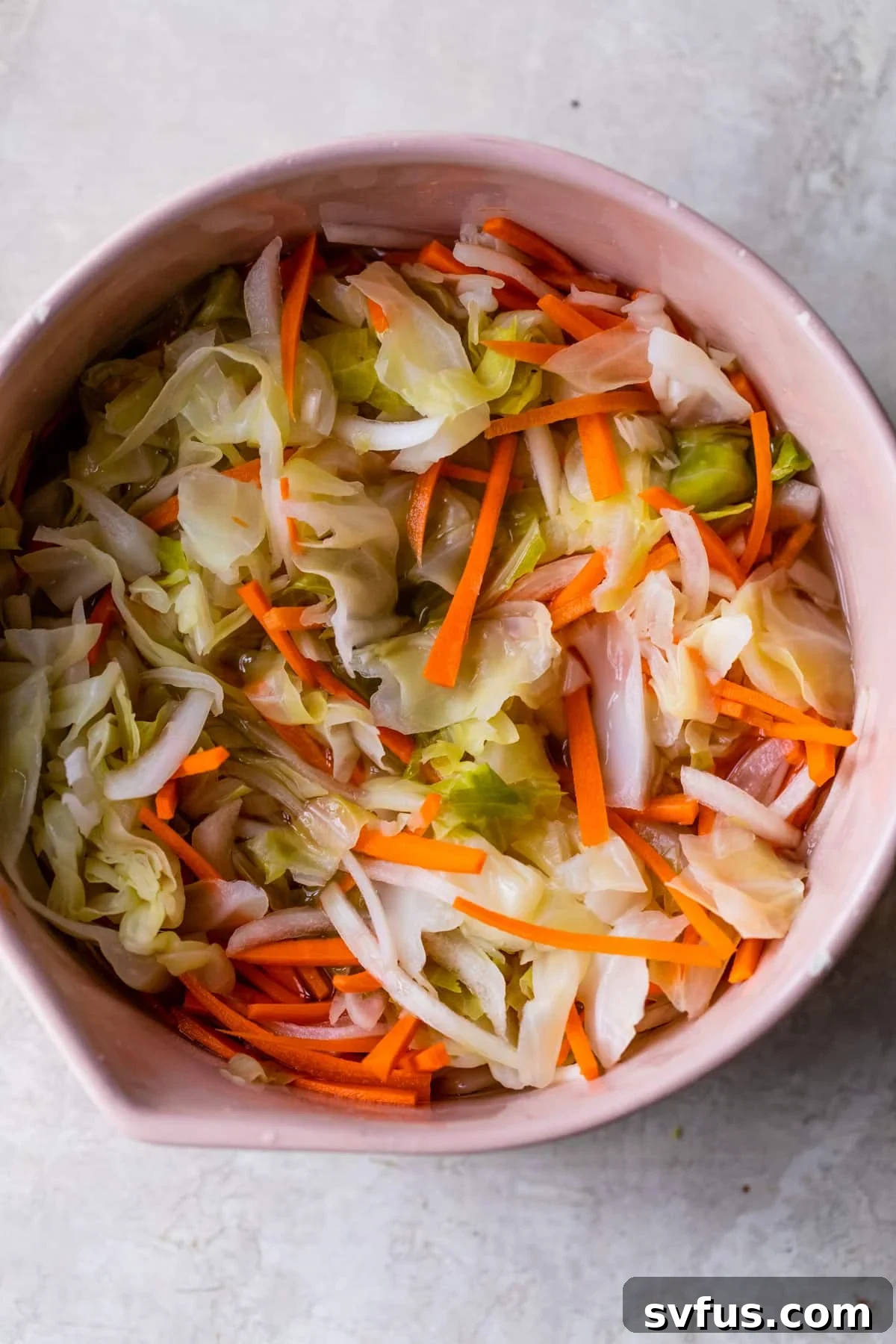 a bowl filled with cabbage, carrots and sliced onion