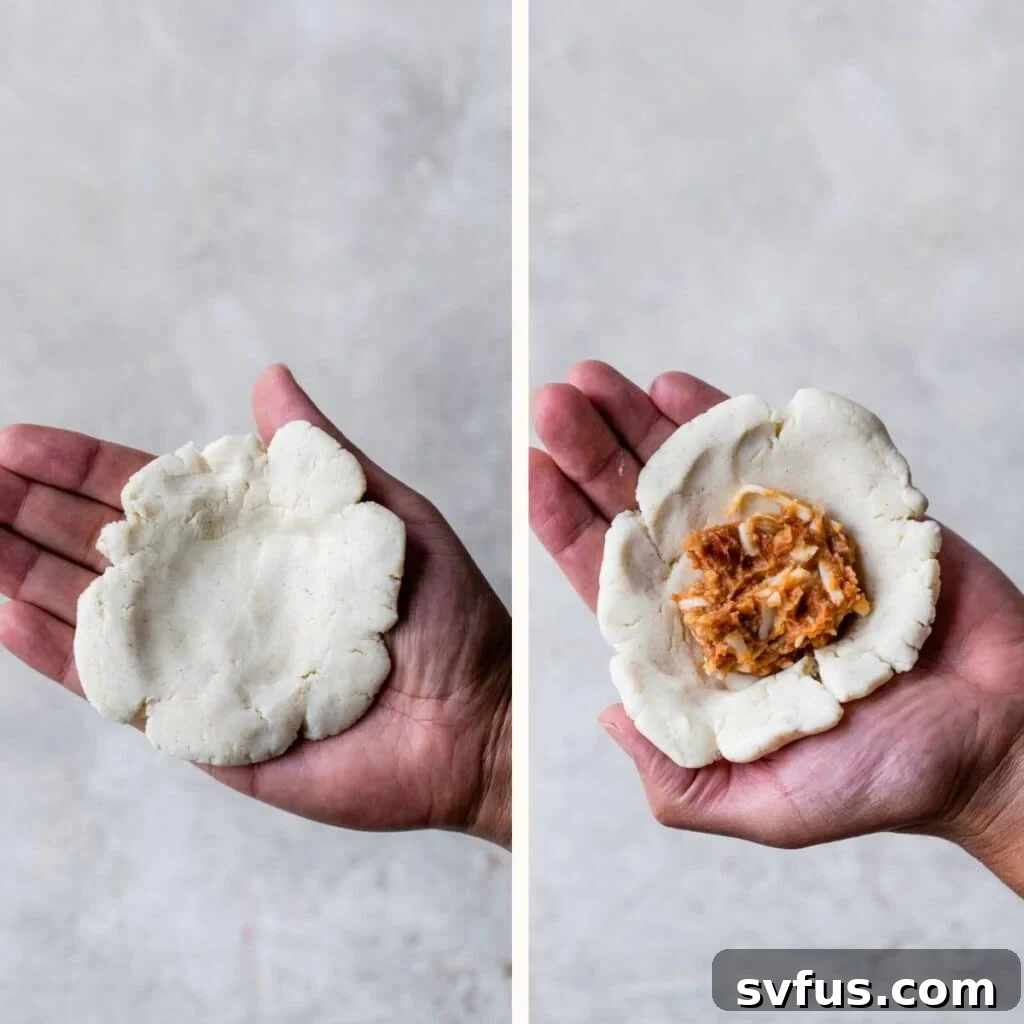 a disc of dough in someone's hand on the left and filled with refried beans on the right