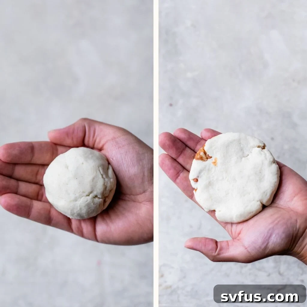 someone's hand holding a ball of dough on the left and flattened into a disc on the right