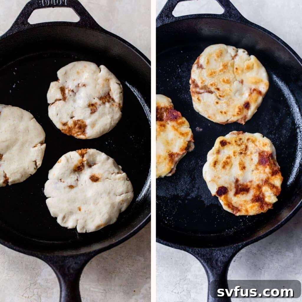 uncooked pupusas in a cast iron skillet on the left and cooked pupusas on the right