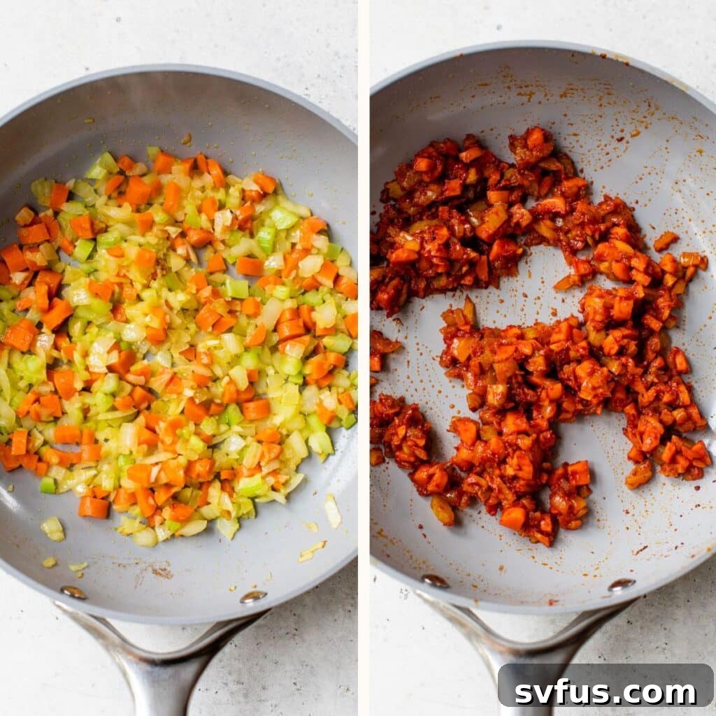 Two images side-by-side: on the left, sautéed carrots, celery, and onion in a skillet; on the right, the same vegetables with tomato paste added, showing the flavor development.