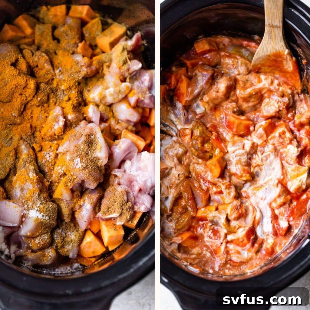 chicken thighs and spices in a slow cooker