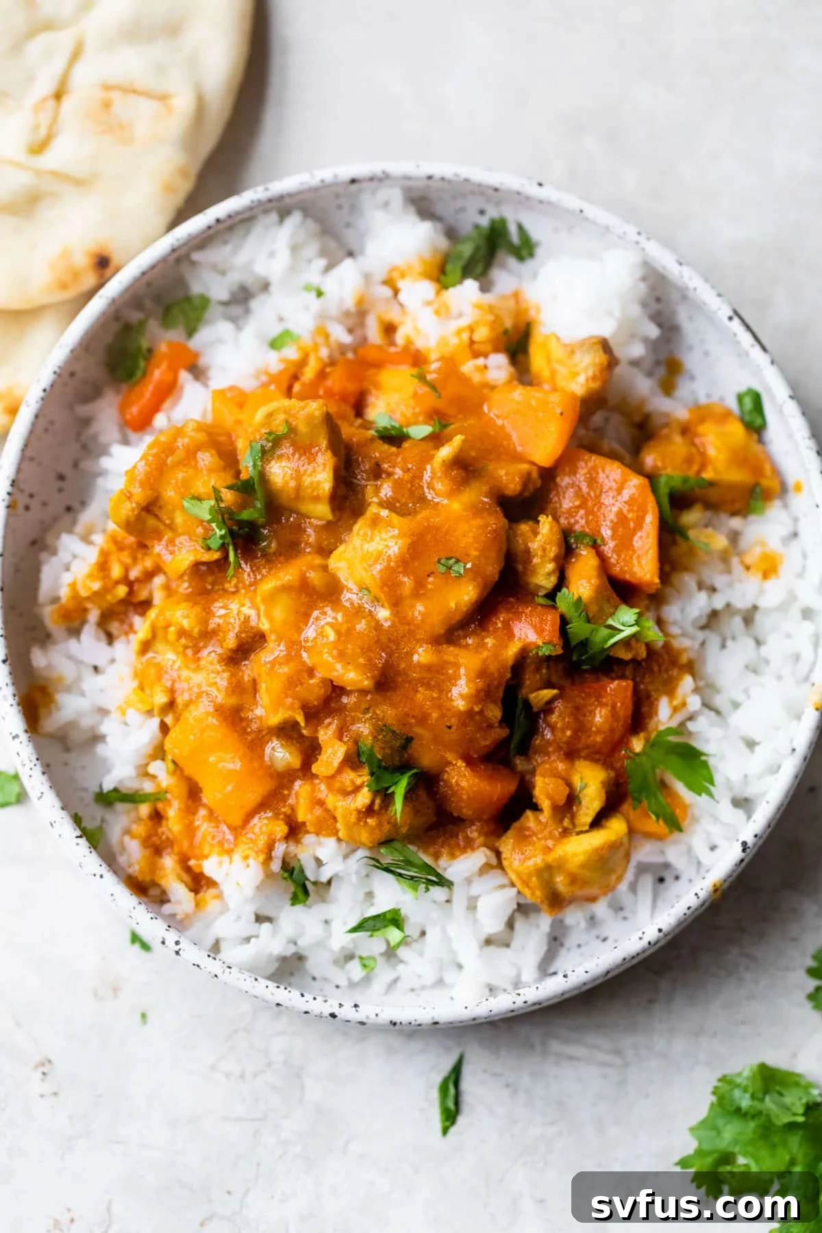 a bowl of white rice topped with chicken curry and cilantro