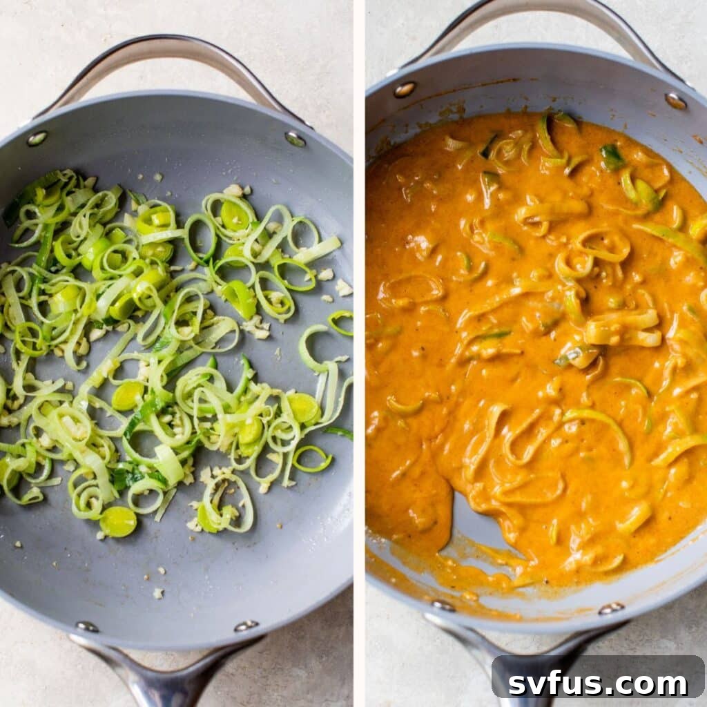 On the left, cooked leeks in a skillet. On the right, a creamy cheese sauce being prepared in the same skillet.