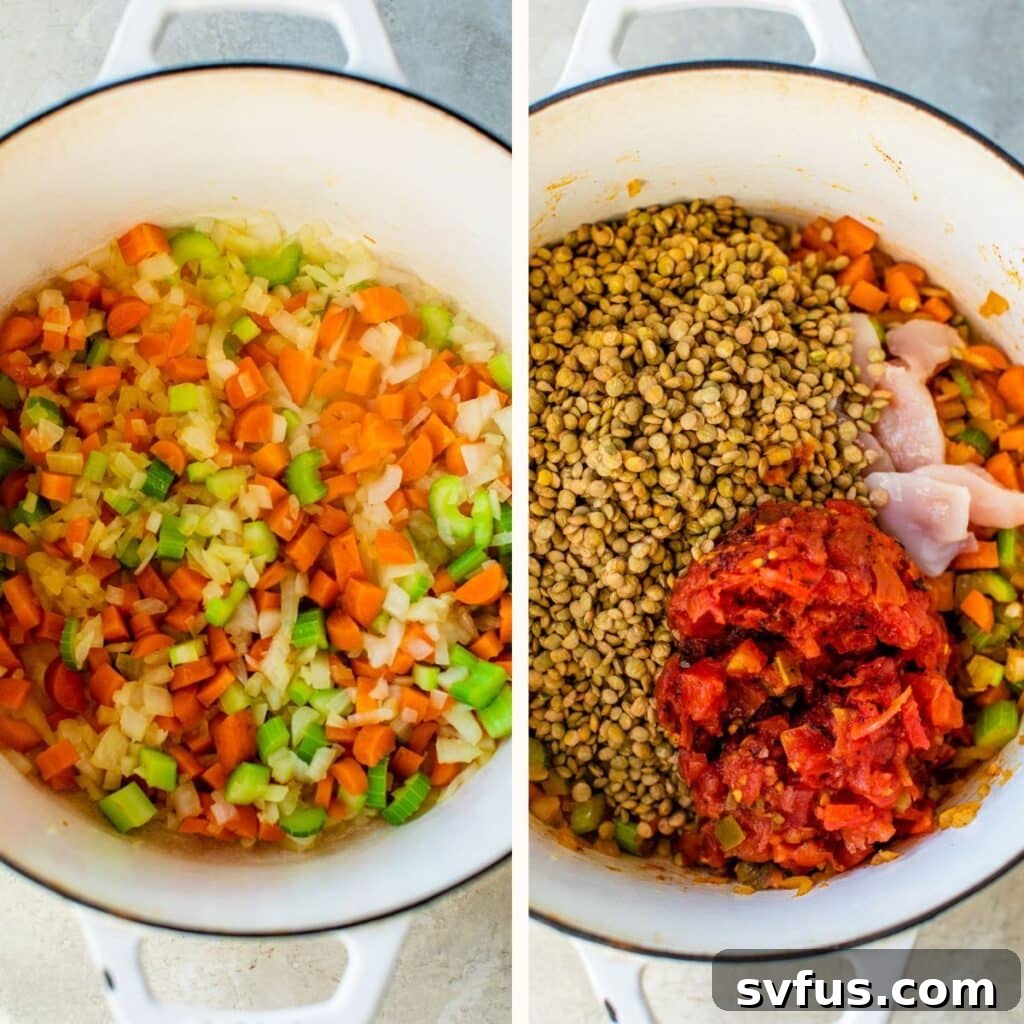 onion, carrots, celery in a dutch oven on the left and with raw chicken, green lentils and diced tomatoes on the right