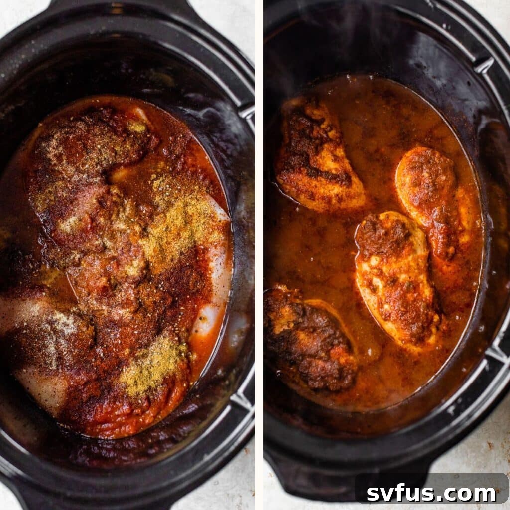 Two images side by side: raw chicken, salsa, and spices in a slow cooker on the left, and cooked, shredded chicken in a rich red sauce on the right.
