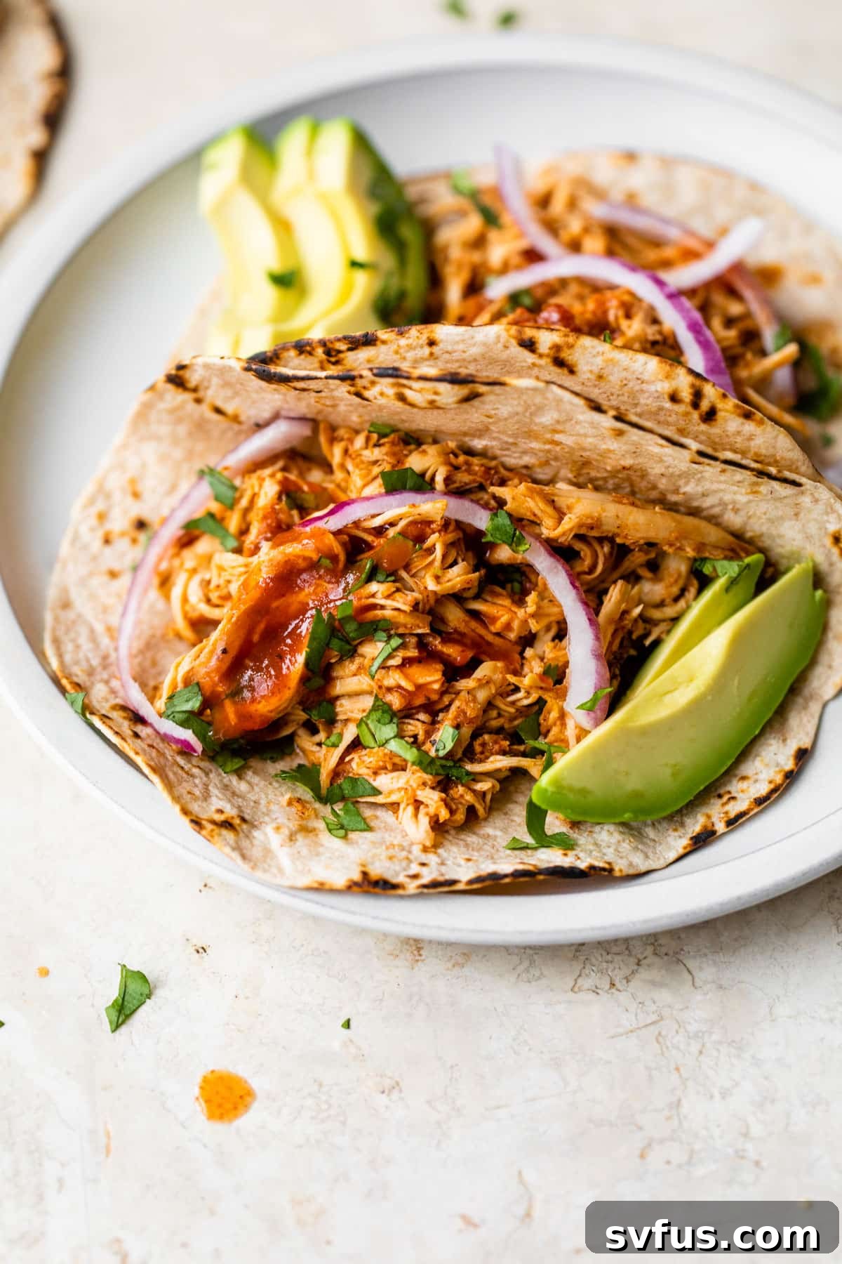A plate of two finished shredded chicken tacos, garnished with fresh toppings, ready to be enjoyed.
