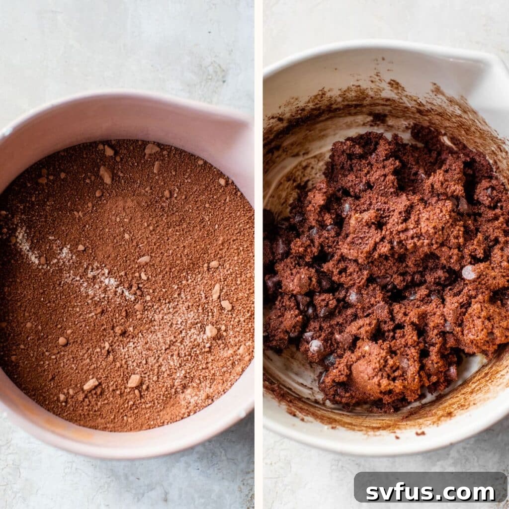 Two bowls: one with dry ingredients (cocoa powder and almond flour) and another with finished chocolate cookie dough, ready for baking.