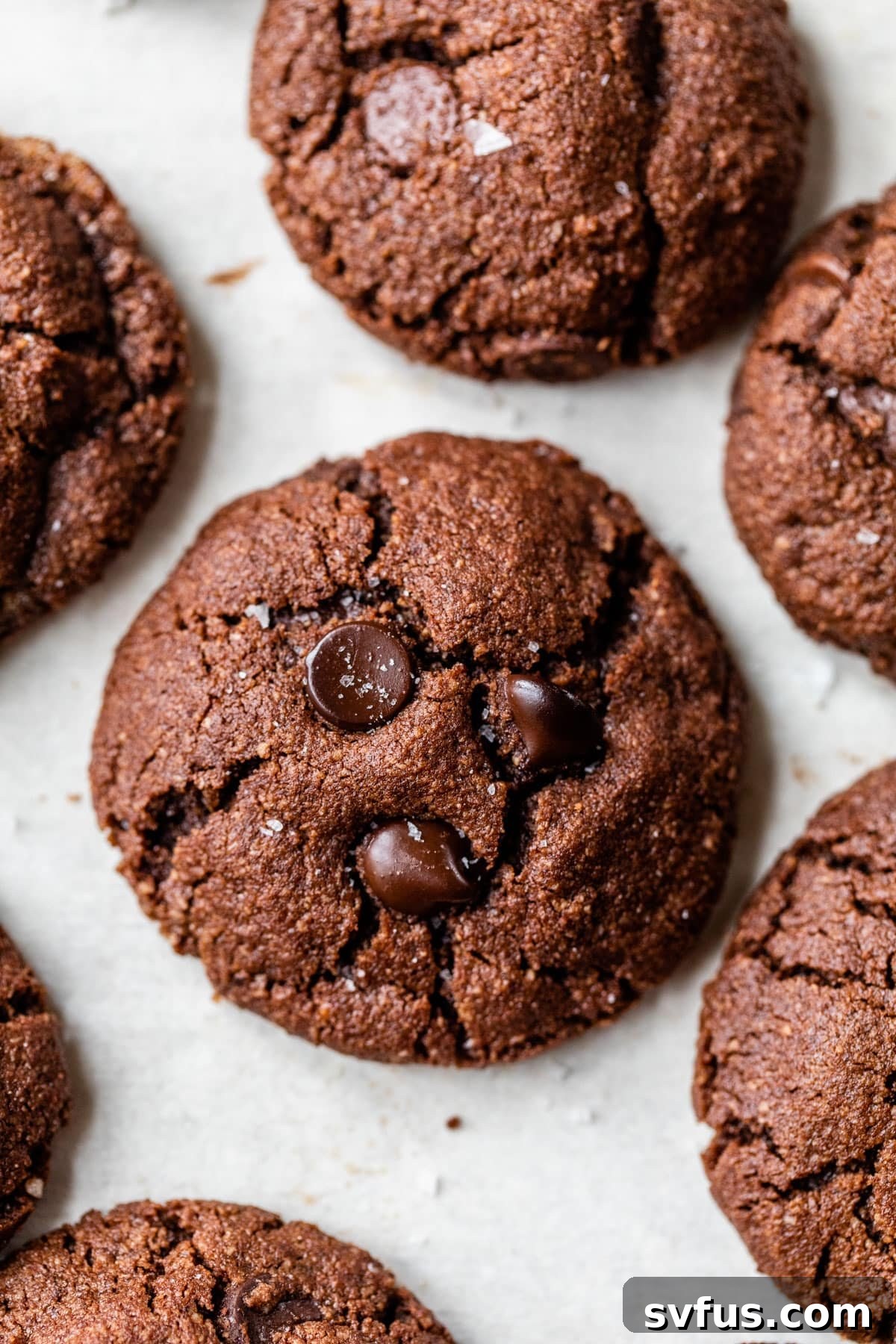 A cluster of freshly baked chocolate cookies with visible chocolate chips, artfully arranged on parchment paper.