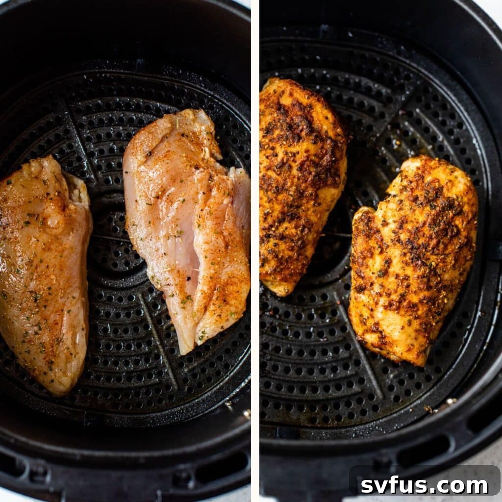 raw seasoned chicken breast in an air fryer basket before cooking and a cooked, golden-brown chicken breast in the basket