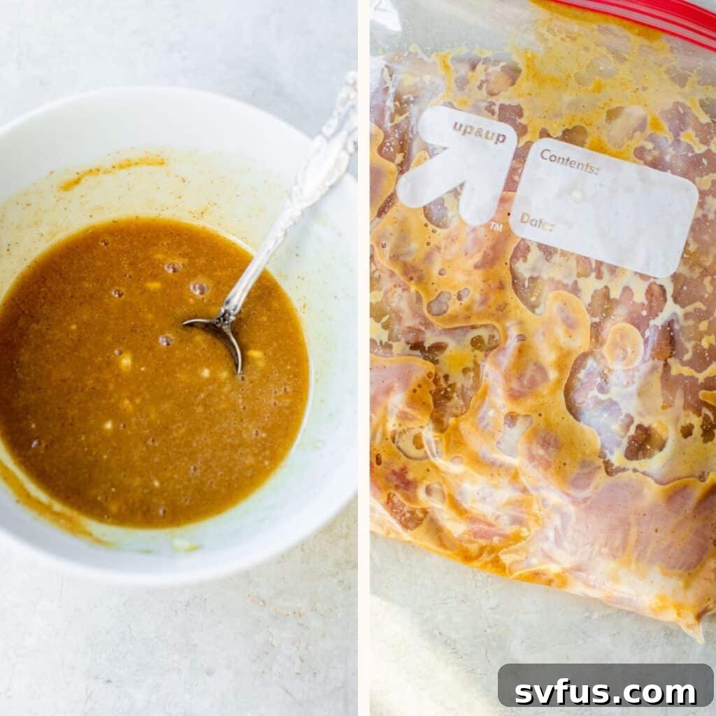 marinade in a bowl on the left and raw chicken thighs marinating in a ziploc bag on the right