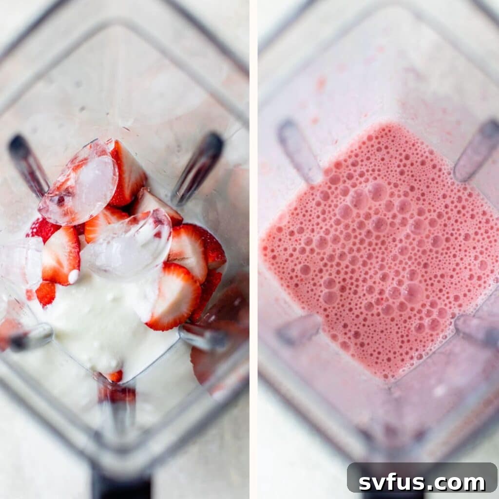 strawberries, yogurt and milk in a blender on the left and blended together on the right
