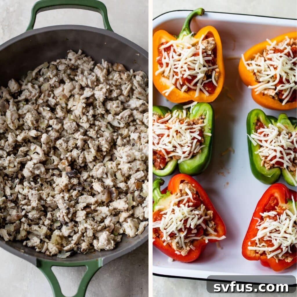 2 images: the left image is of ground turkey in a skillet and the right image is of stuffed peppers with shredded cheese on top