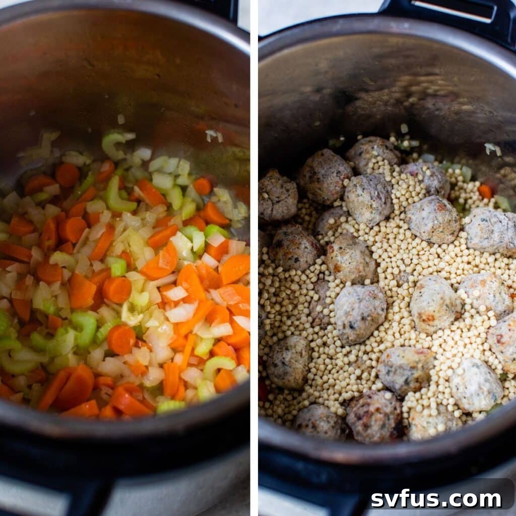 Two images side by side: the left shows chopped vegetables cooking in an Instant Pot, and the right shows frozen meatballs being added to the Instant Pot with the vegetables and broth