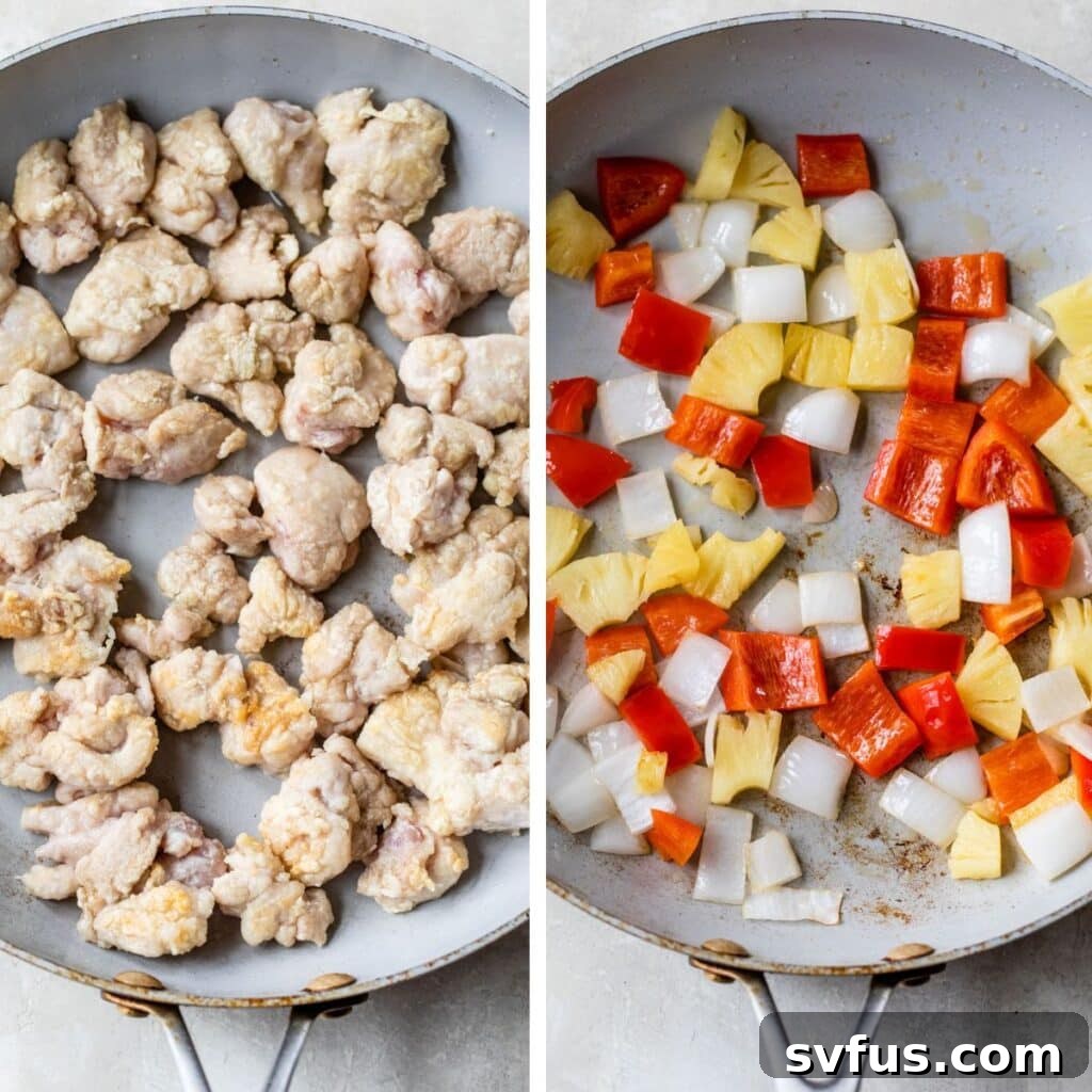 Two images: one showing colorful bell peppers and onions sizzling in a skillet, and the other displaying golden-brown chicken pieces cooking in a separate pan.