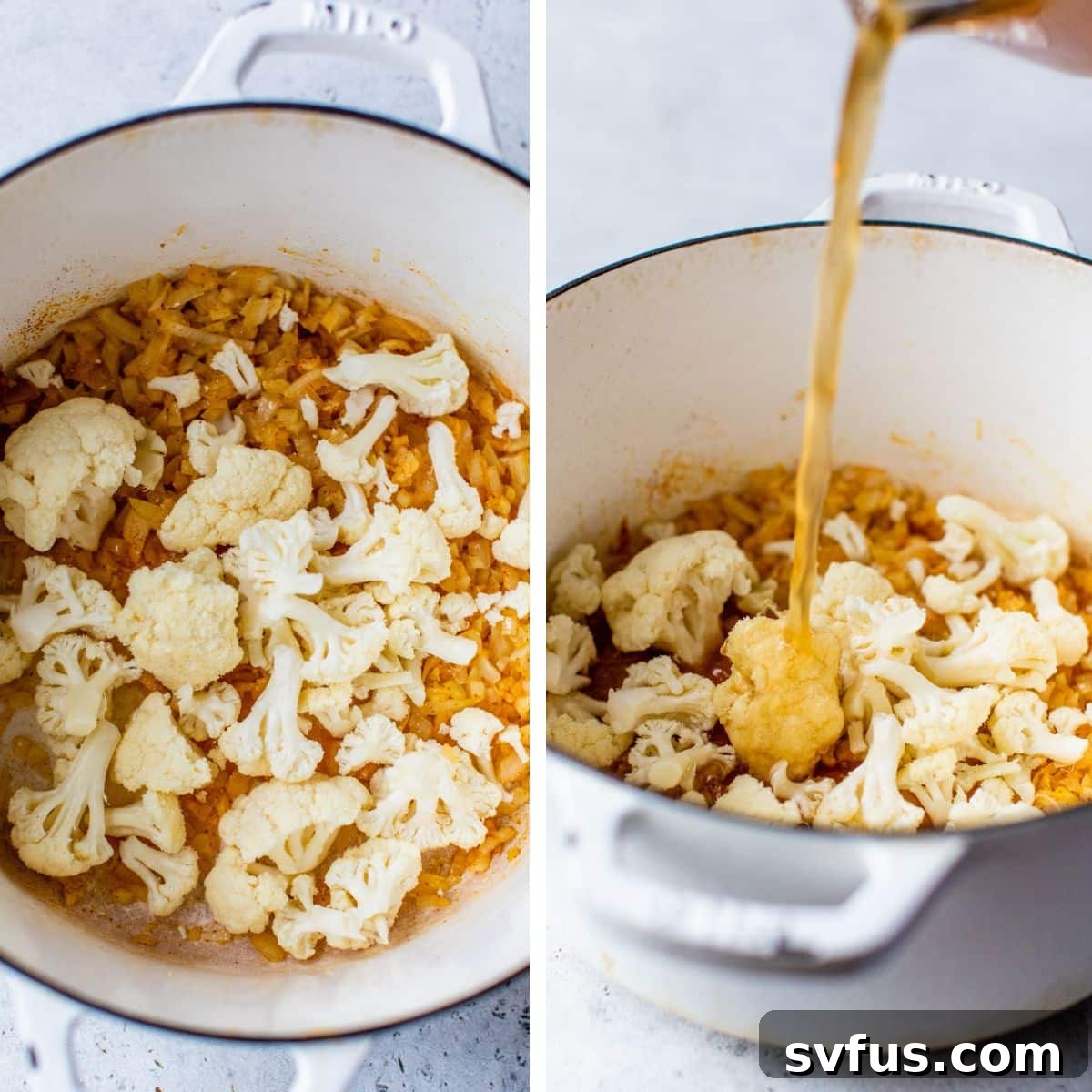2 images: the left image shows cauliflower being added to the soup pot and the right image shows broth being added to the pot
