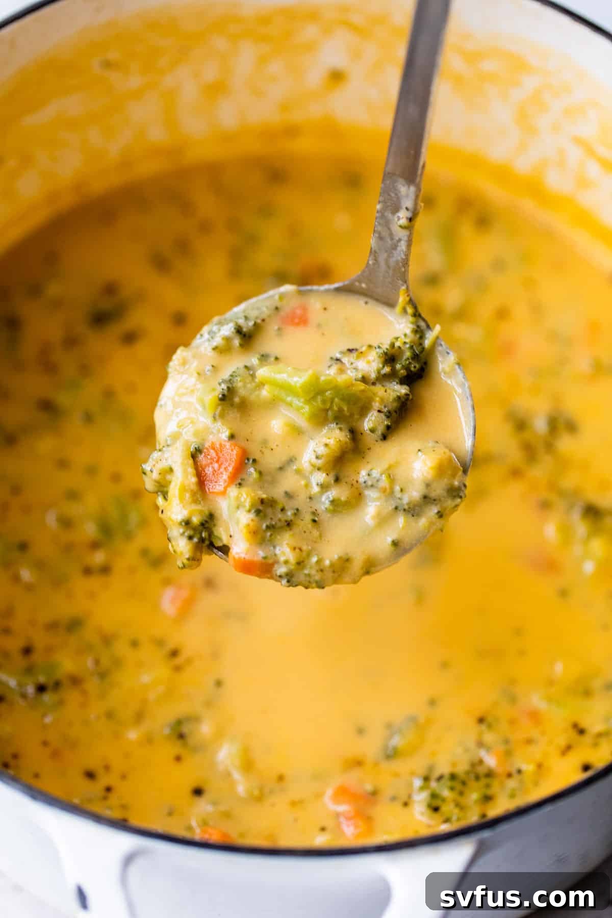 a ladle full of broccoli cheddar soup with the pot of soup beneath it