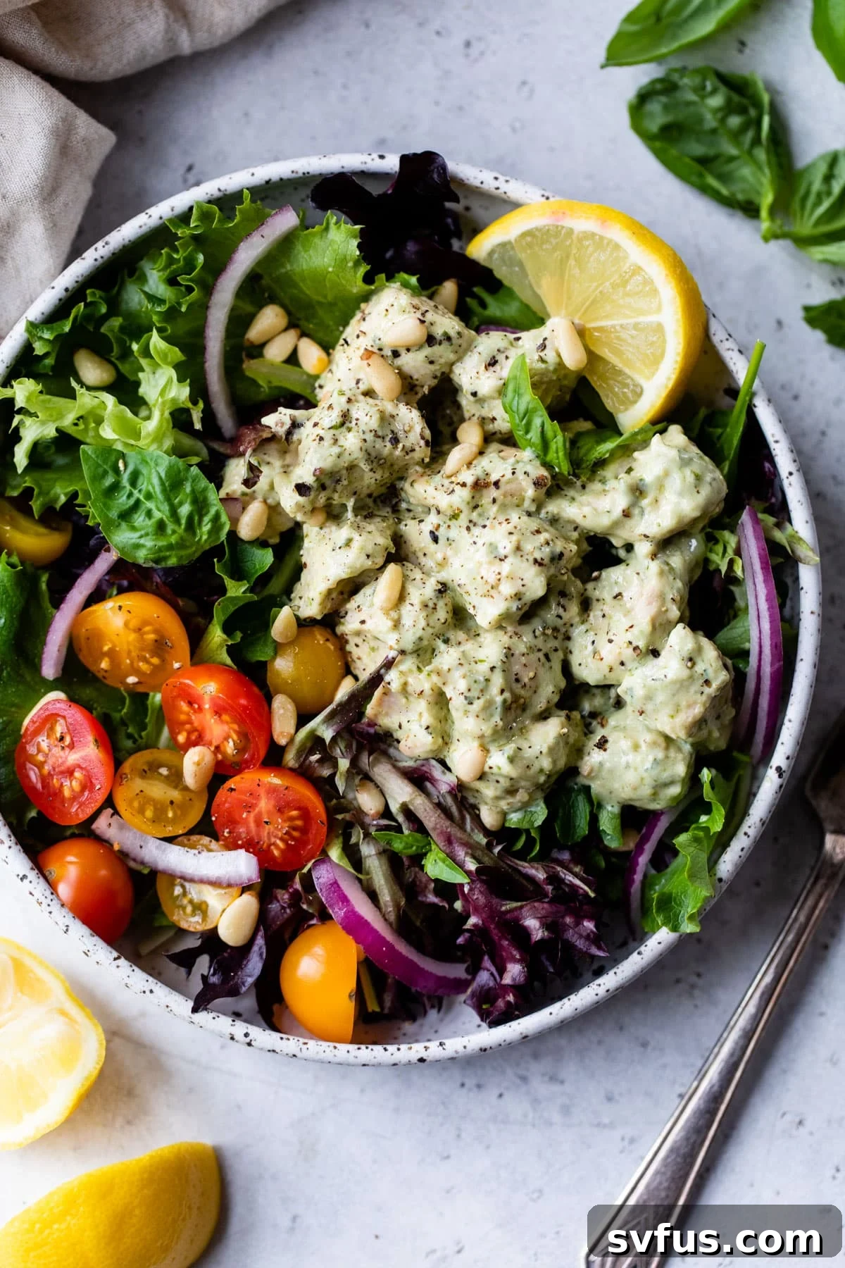 Delicious Pesto Chicken Salad in a bowl, ready to serve for a quick and healthy meal.