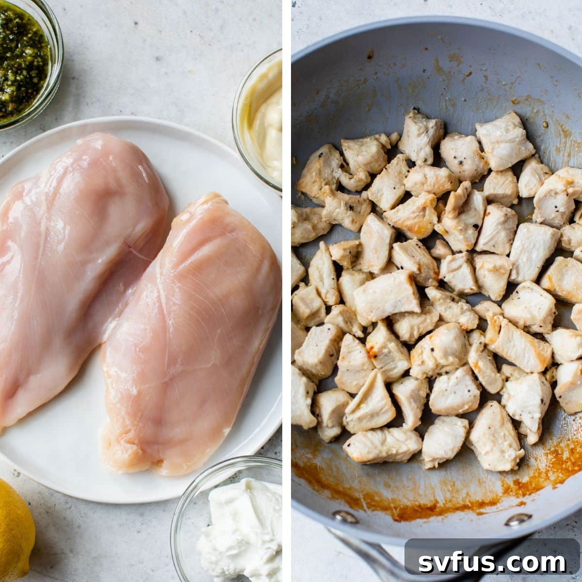 Preparing chicken for Pesto Chicken Salad: raw chicken breasts and chicken grilling in a skillet.