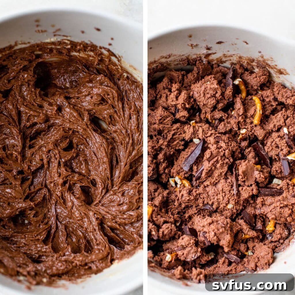Two images: on the left is chocolate batter in a mixing bowl and on the right is chocolate cookie dough with chopped chocolate and pretzels