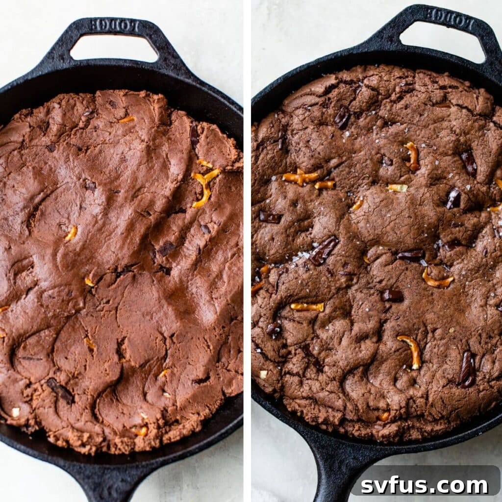 Two images: on the left is chocolate cookie dough in a cast iron skillet and on the right is a baked chocolate cookie in a cast iron skillet