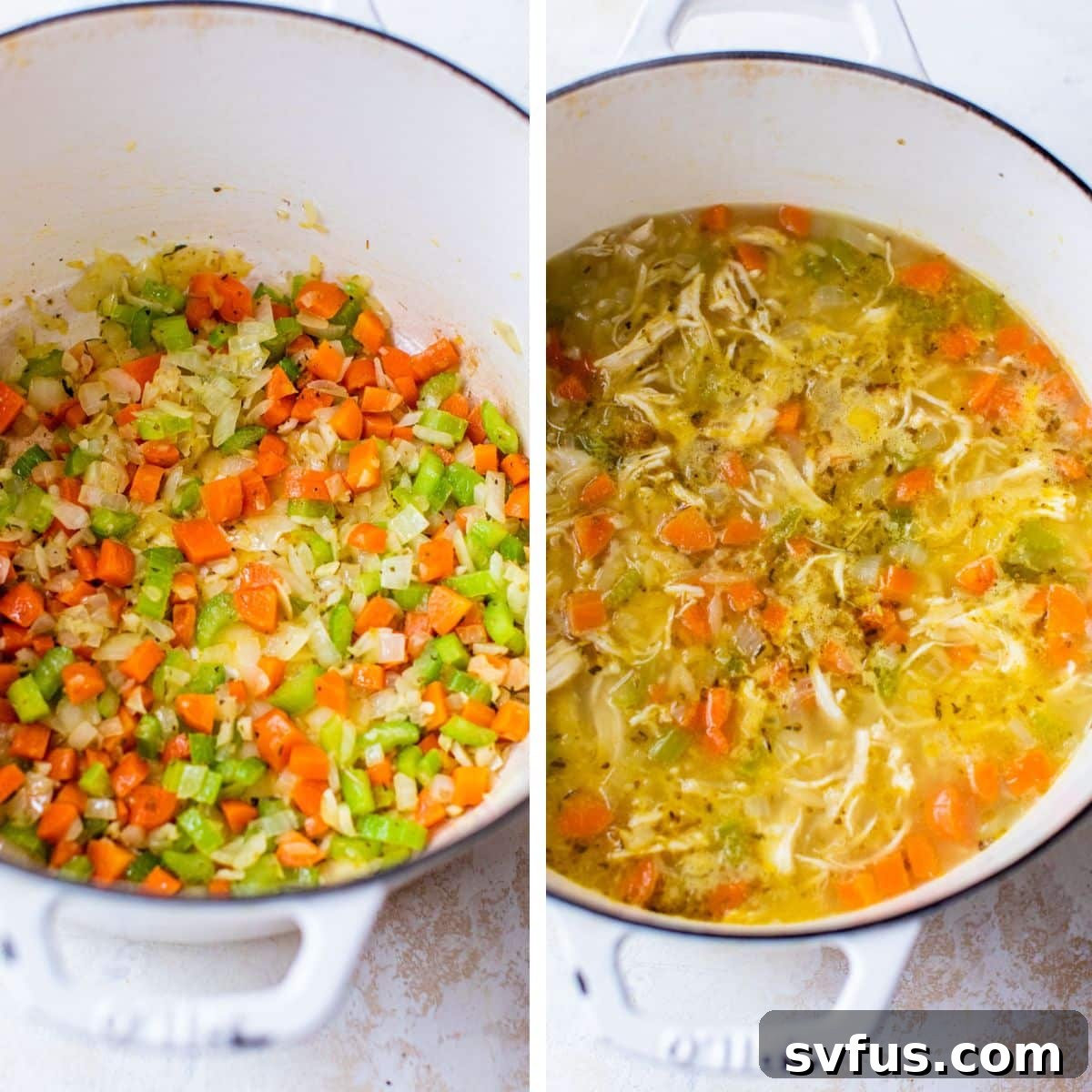 A two-part image showing the progression of soup preparation: vegetables sautéing in a Dutch oven on the left, and on the right, the vegetables mixed with broth and shredded chicken simmering in the same pot.