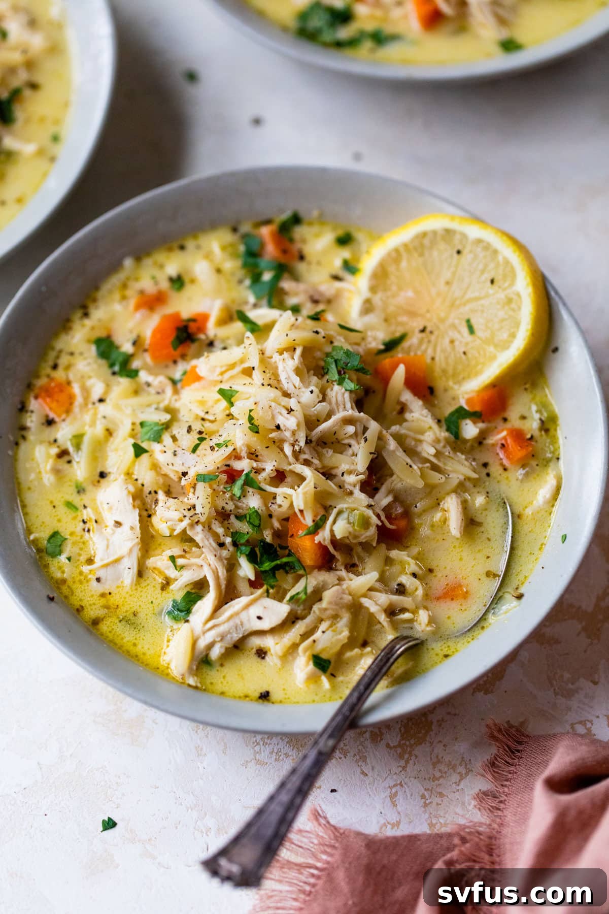 A beautifully presented bowl of creamy chicken orzo soup, garnished with fresh herbs, and a spoon dipped into the rich, comforting broth.