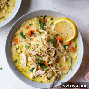 A bowl of the chicken orzo soup and a spoon