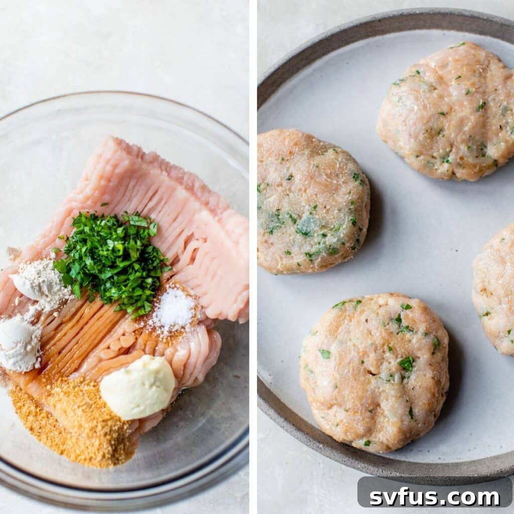 2 images: raw ground turkey, breadcrumbs, parsley and mayo in a bowl on the left and raw turkey burgers on a plate on the right