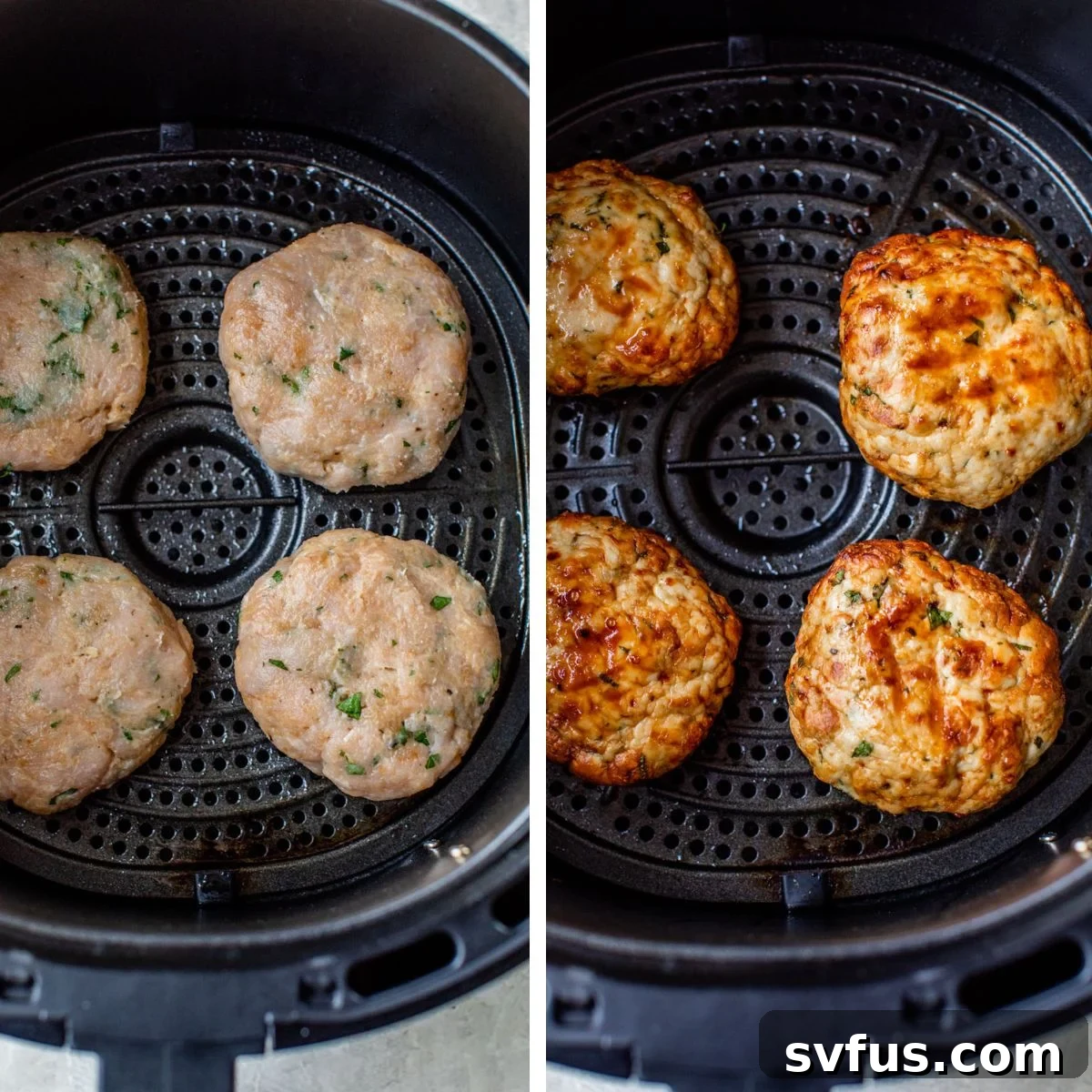 2 images: the left image shows the raw turkey burgers inside of an air fryer and the right image shows the turkey burgers cooked on one side in the air fryer