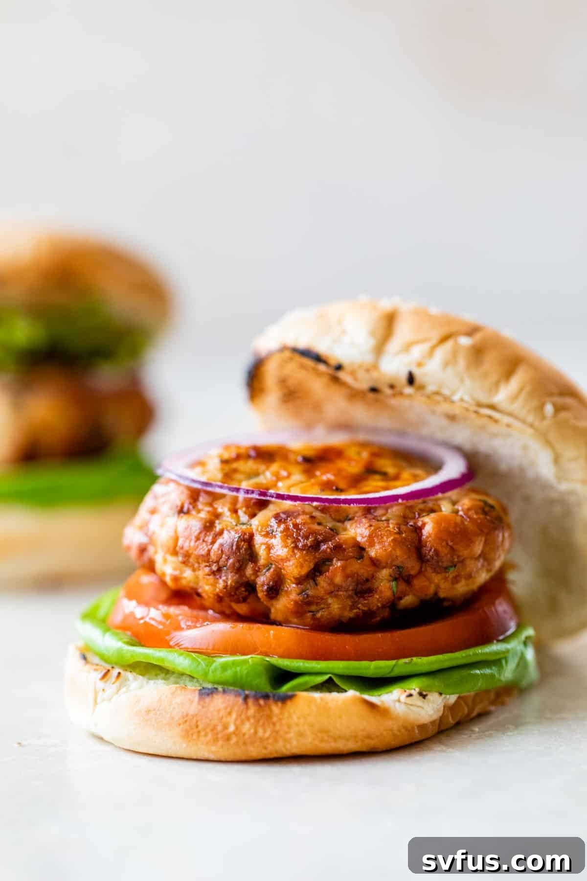 a turkey burger sandwich with a bun, lettuce, tomato, and red onion