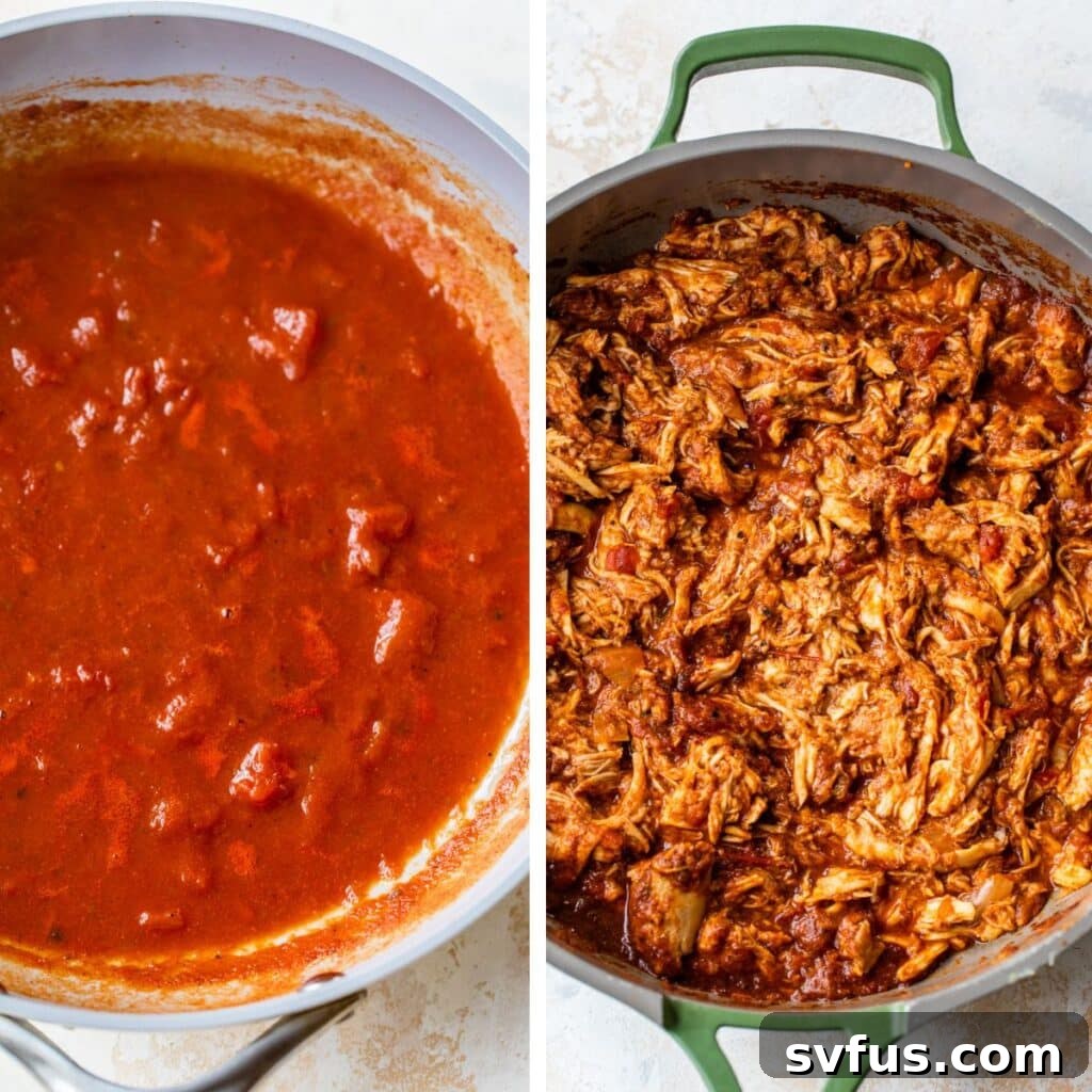 Two images: a rich red sauce simmering in a skillet on the left, and shredded chicken mixed into the sauce on the right, for rotisserie chicken tacos