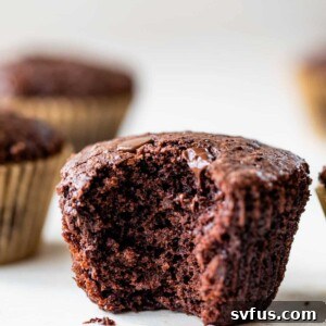 side view of a vegan chocolate muffin with a large bite on the side