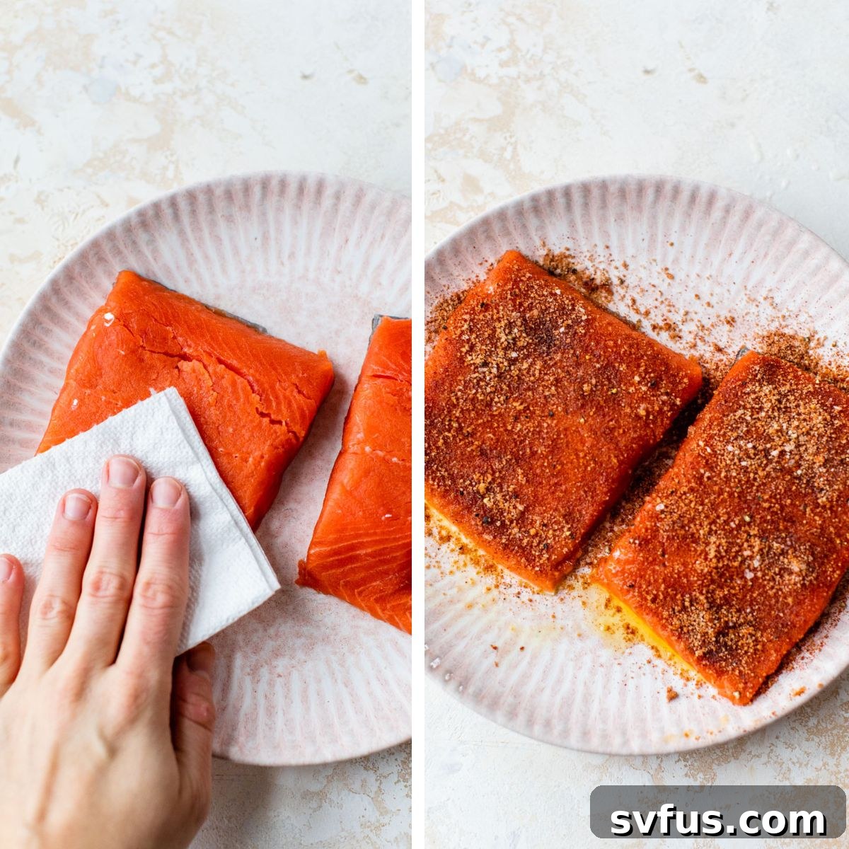 Two images side-by-side: The left shows a hand patting raw salmon dry with a paper towel. The right shows the seasoning mixture being sprinkled over the olive oil-coated salmon fillet.